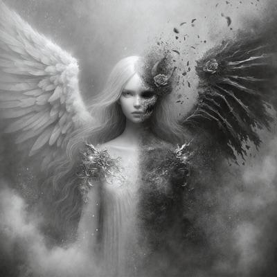The primary subject of the image is a woman with wings, who appears to be a mix of an angel and a demon. She is wearing a white dress and has a black and white face. The setting is a dark, cloudy sky, which adds to the overall mood of the image. The visual style is a combination of digital art and illustration, creating a surreal and dramatic scene. The colors in the image are predominantly black and white, with some grays and darker tones, giving the image